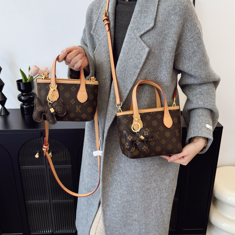 Luxuru Bag Women's Handbag Fall Winter New Vintage Print Crossbody Bucket Tote Bag, Top Handle Purse with Cute Dog Pendant Charm Fashion Shoulder