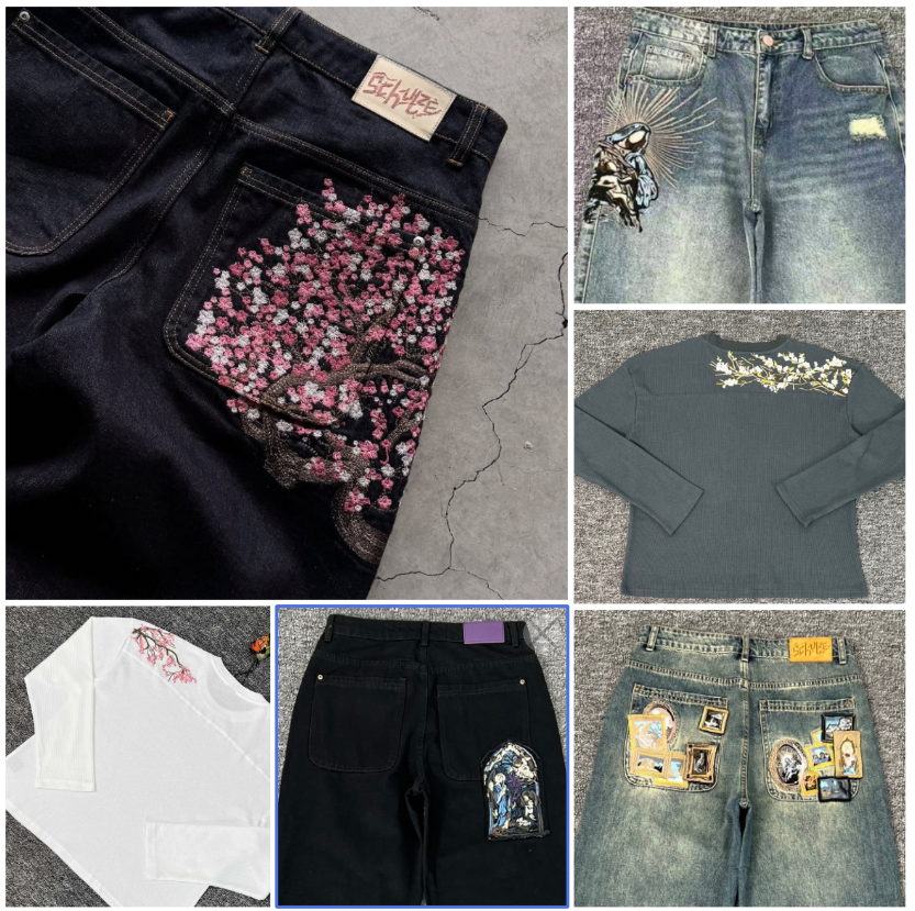 Men's Desinger Jeans Men Women Cherry Blossom Embroidery Derschutze Y2k Retro Baggy Street Straight High Waisted Washed Blue Denim Pants