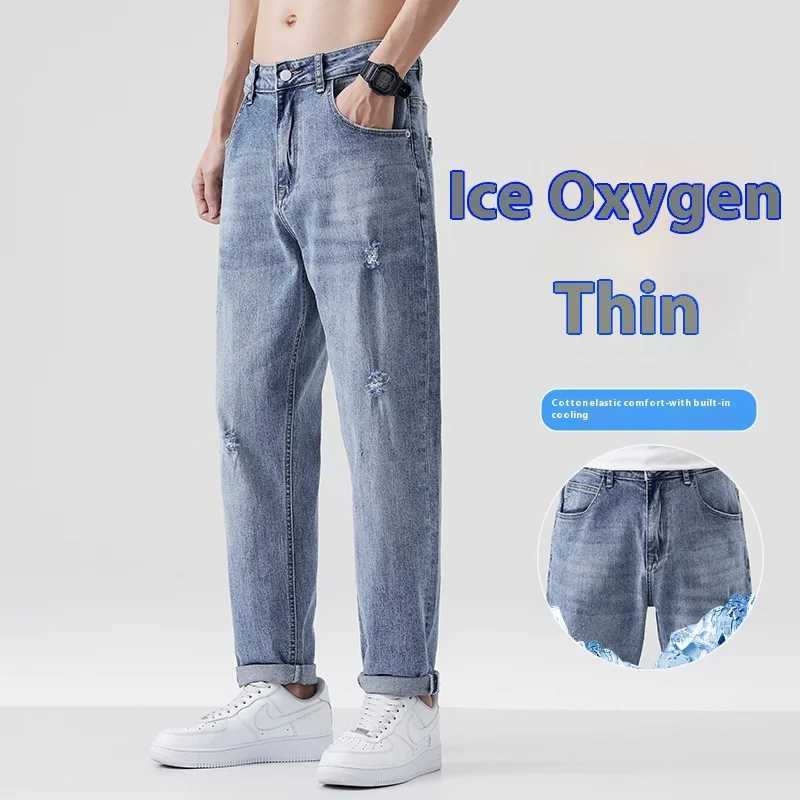 Lightwashed Loose Fit Mens Straight Leg Casual Ninepoint Jeans with Tapered Ripped Long Pants Stretchy SummerZ250917