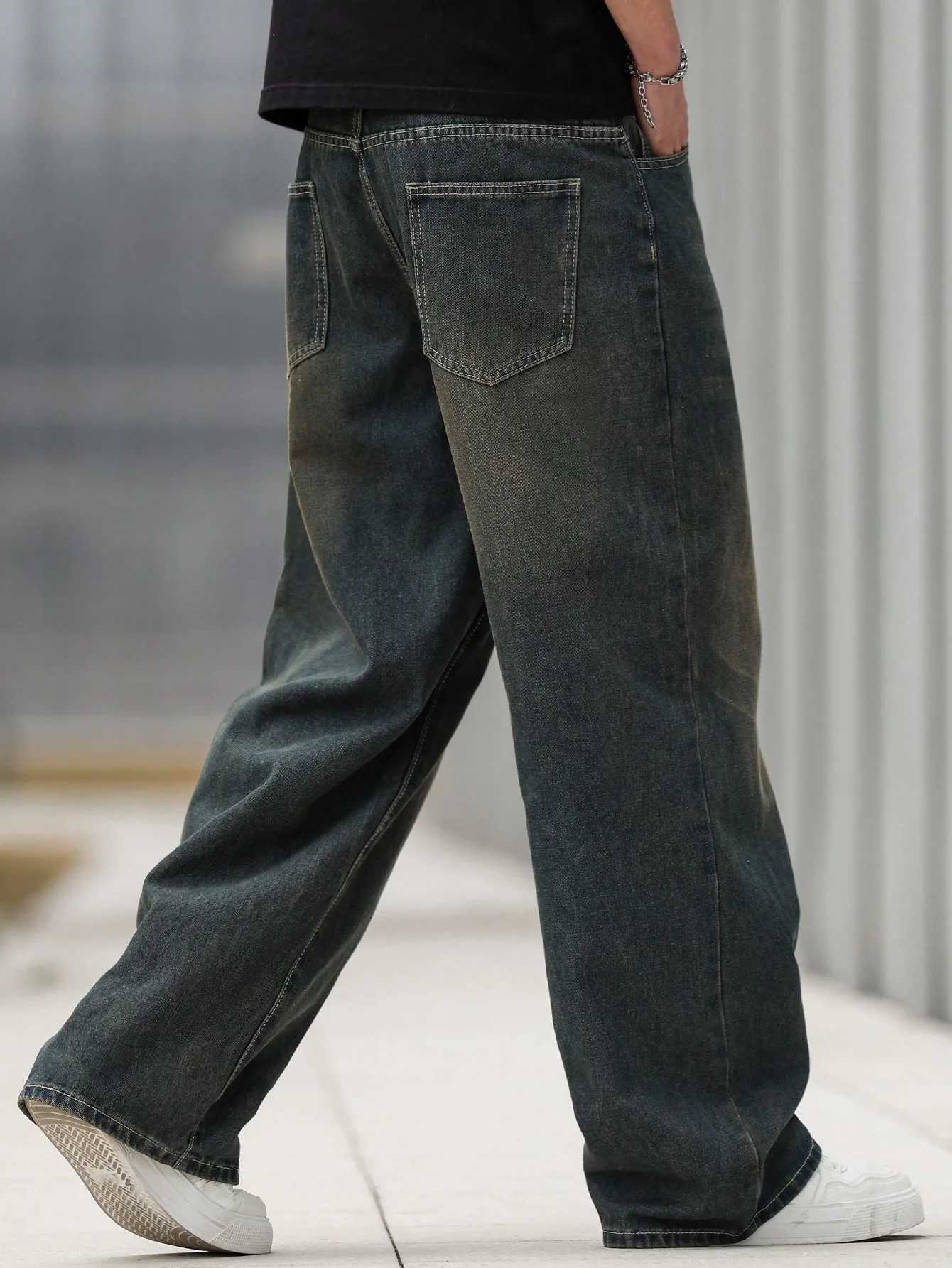 1Pc Mens Wide Pants Brushed Jeans Wide Jeans Y2K New Rocks Jeans Buggy Black HipHop PantsZ250917