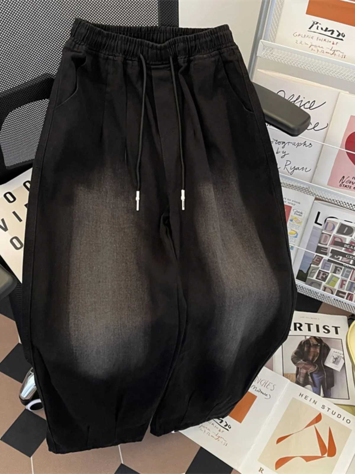 SpringAutumn Elastic Waist Jeans for Men Drawstring Loose Trousers American Casual Fashion Retro Male Wide Leg Denim PantsZ250917