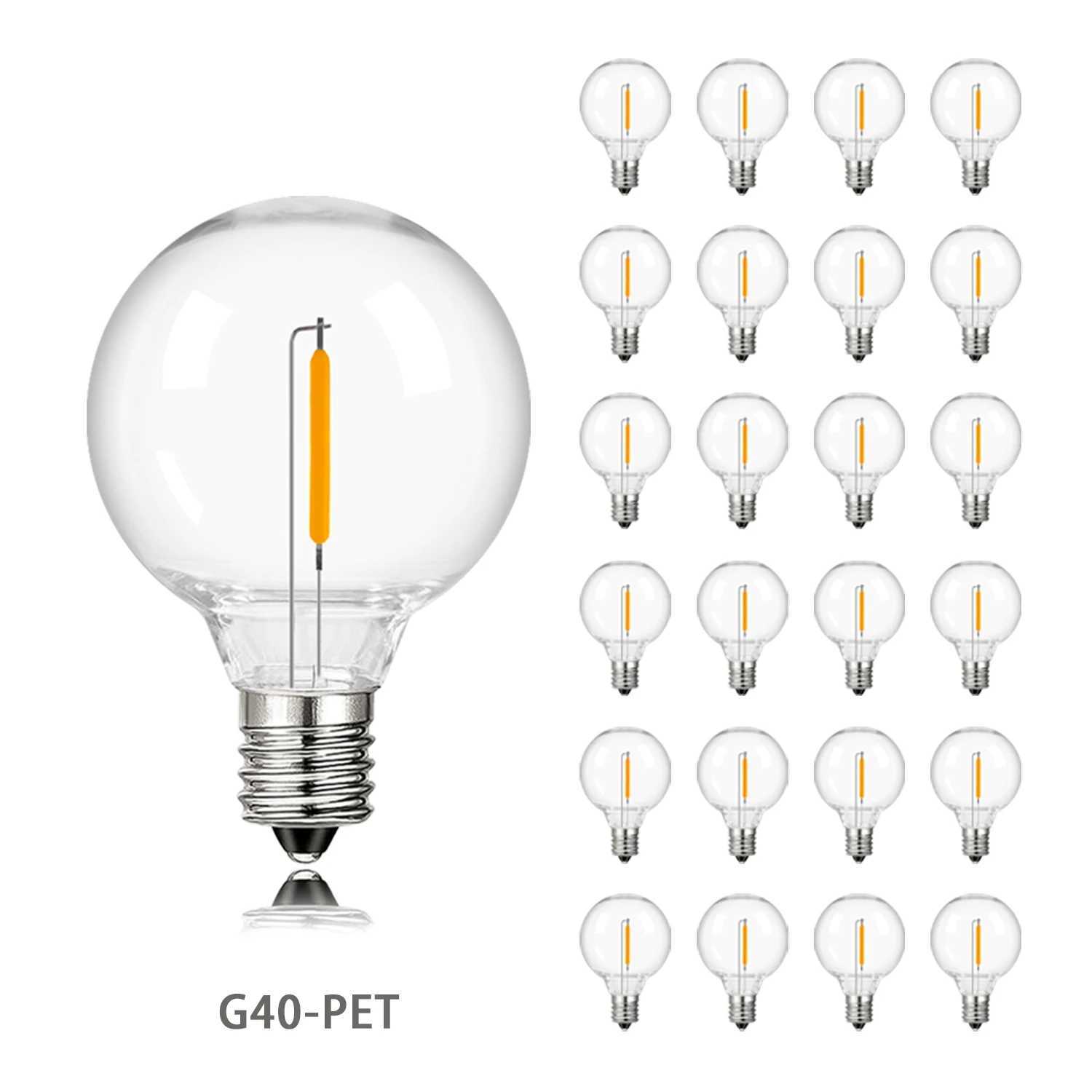 25PCS PET G40 Globe Led Filament Lamp Bulb E12 Base 110V 220V 2200K Dimmable String Light Replacement Shatterproof Plastic Bulb C250917