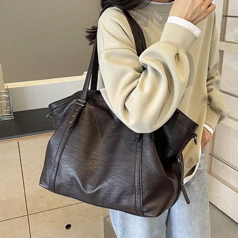 Large Sized Tote Bags For Women Soft PU Leather Pure Color Large Capacity Shopper Shoulder Crossbody Bag High Quality Handbags 250917