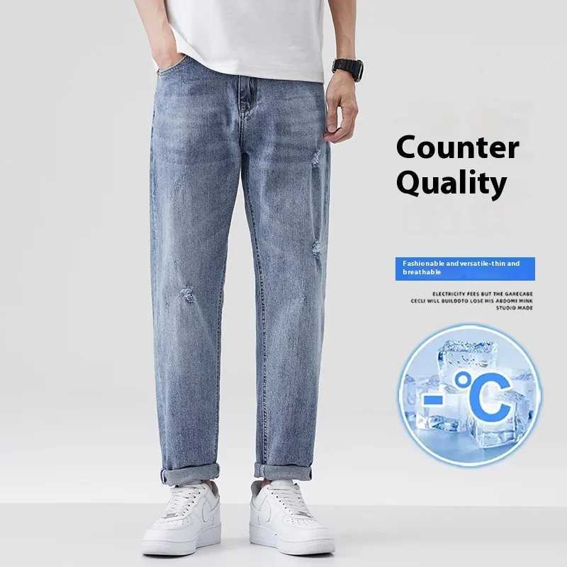 Lightwashed Loose Fit Mens Straight Leg Casual Ninepoint Jeans with Tapered Ripped Long Pants Stretchy SummerZ250917