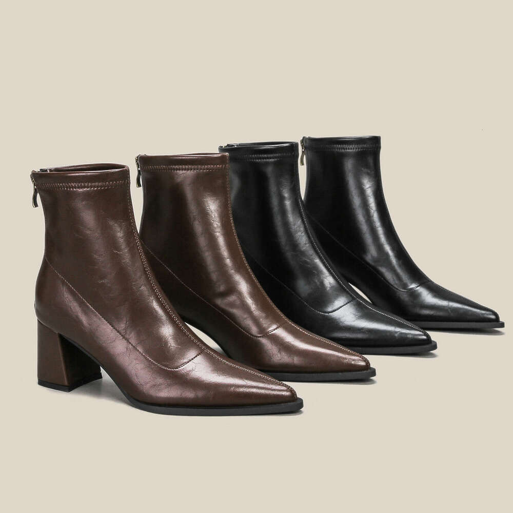 Autumn Winter Chunky Heel Mid-Calf Slim Boots Women, Slimming Back Zipper Black Pointed Toe Low-Cut Leather Boots, High Heels for Women