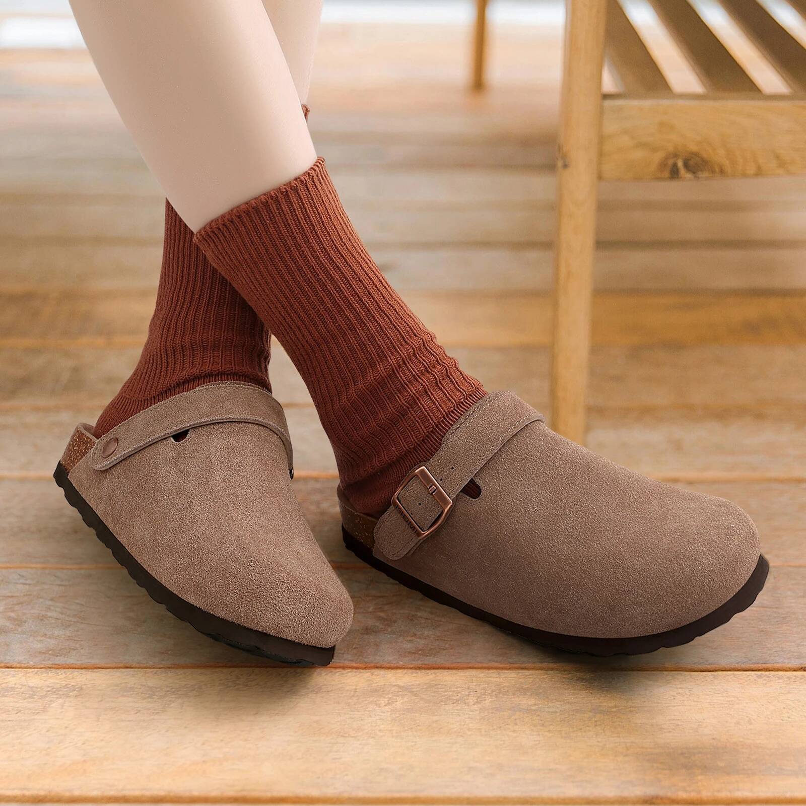 Shevalues Cow Suede with Adjustable Buckle Leather Comfortable Slip On Women Slippers Outdoor Cork Clogs ddmypanda