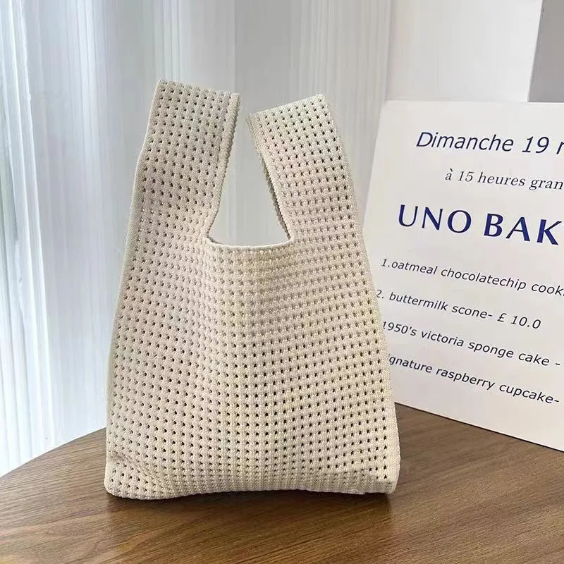 Handmade Knit Handbag Women Mini Knot Wristbag Female Casual Color Wide Stripe Plaid Tote Bag Student Reusable Shopping 250917