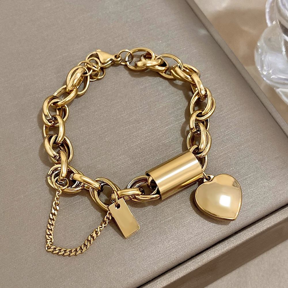 DODOHAO Chunky Double Thick Chain Stainless Steel Bracelets for Women Punk Gold Color Heart Love Buckle Pendant Wrist Jewelry 250916