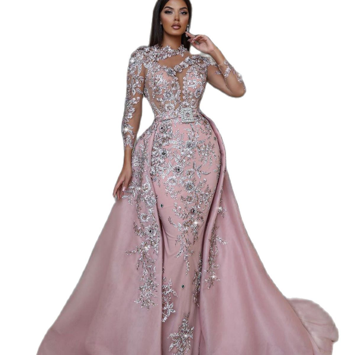 Stunning Pink African Evening Dresses Sheer Jewel Neck Mermaid Long Sleeve Appliques Beads WIth Detachable Train Prom Gown Formal Robes BC19957 9P17
