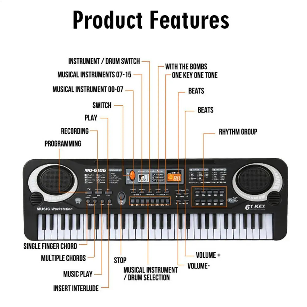 61 Keys Electronic Keyboard Piano Digital Music Key Board Kid Multifunctional with Microphone Musical Enlightenment Xmas Gifts 250916