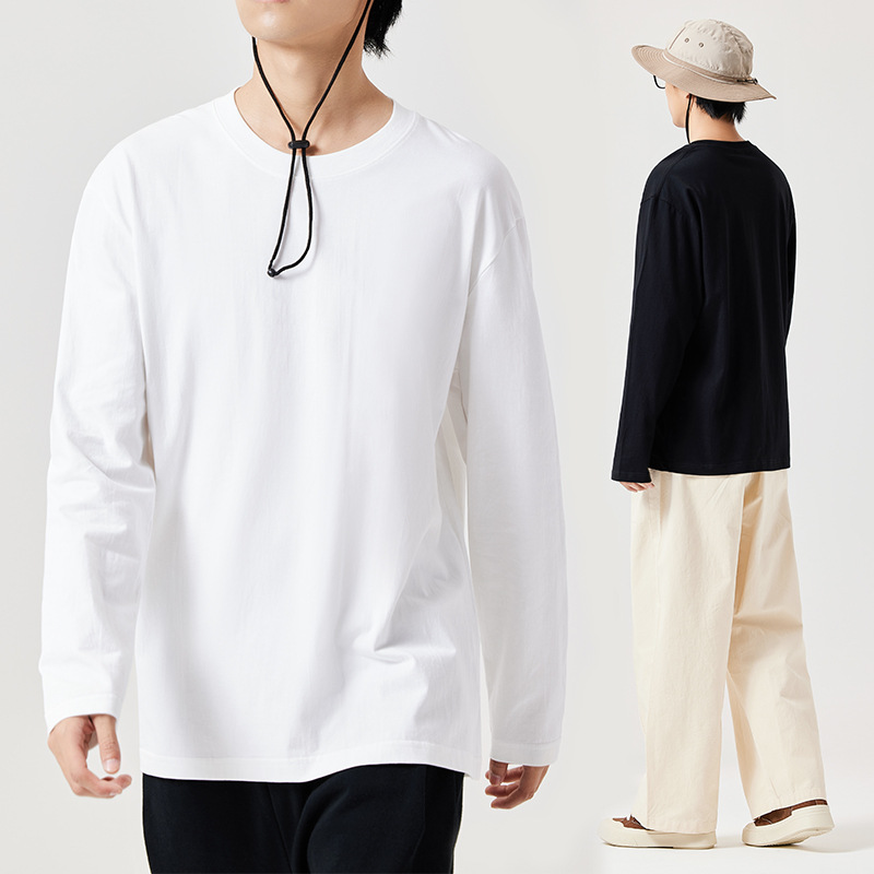 Men's Japanese-Style Solid Cotton Long-Sleeve T-Shirt - Autumn Crewneck Pullover, Ins Early Fall Inner Wear-04C