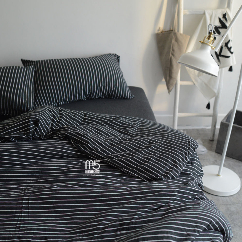Three-Piece Duvet Cover Japanese Style Boys Black and White Striped Bedding Four-Piece Set Bed Sheet Student Dormitory W260302