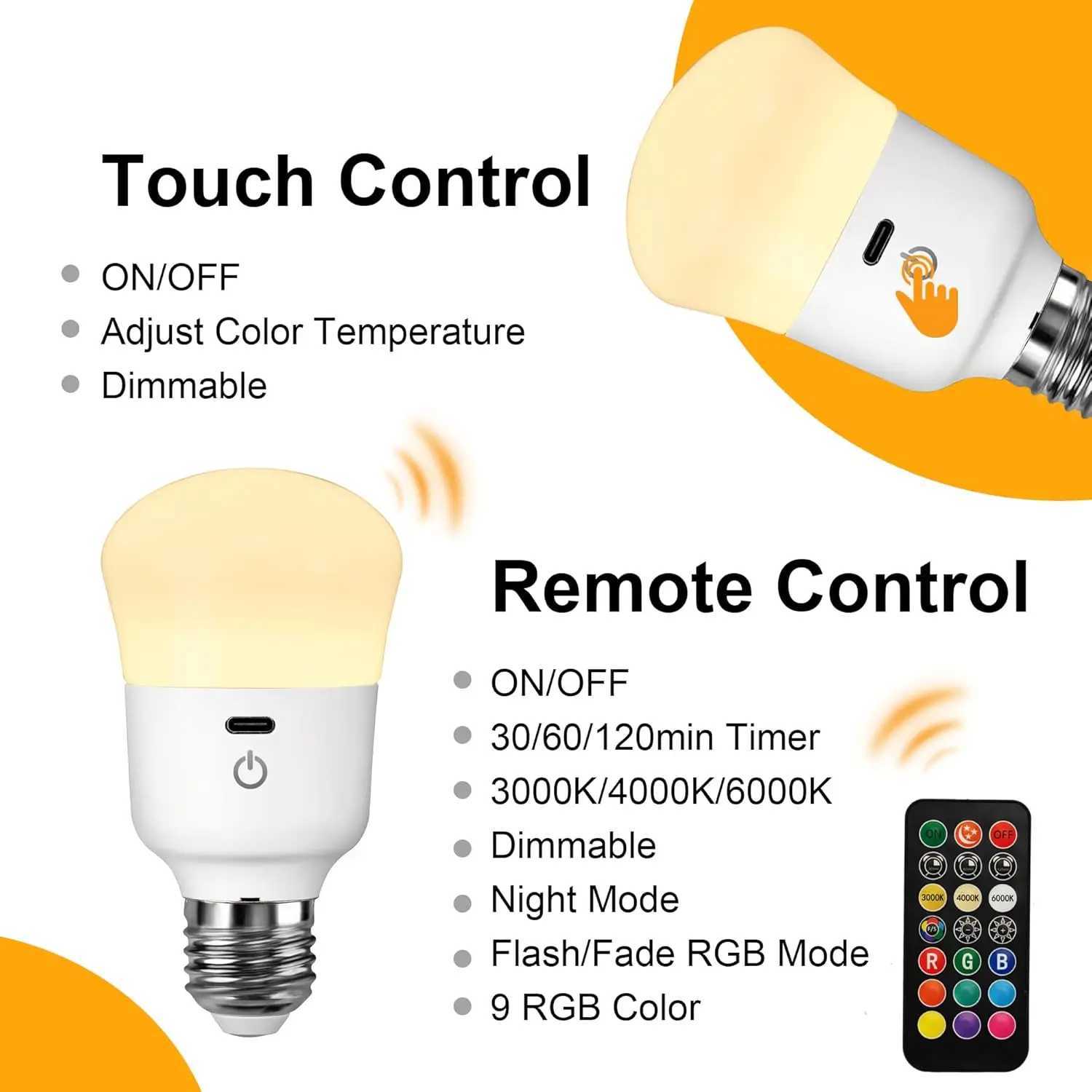 Usb rechargeable Light Bulb with Remote Control Dim RGB TimerBackup Emergency Light for Home or Outdoor C250917