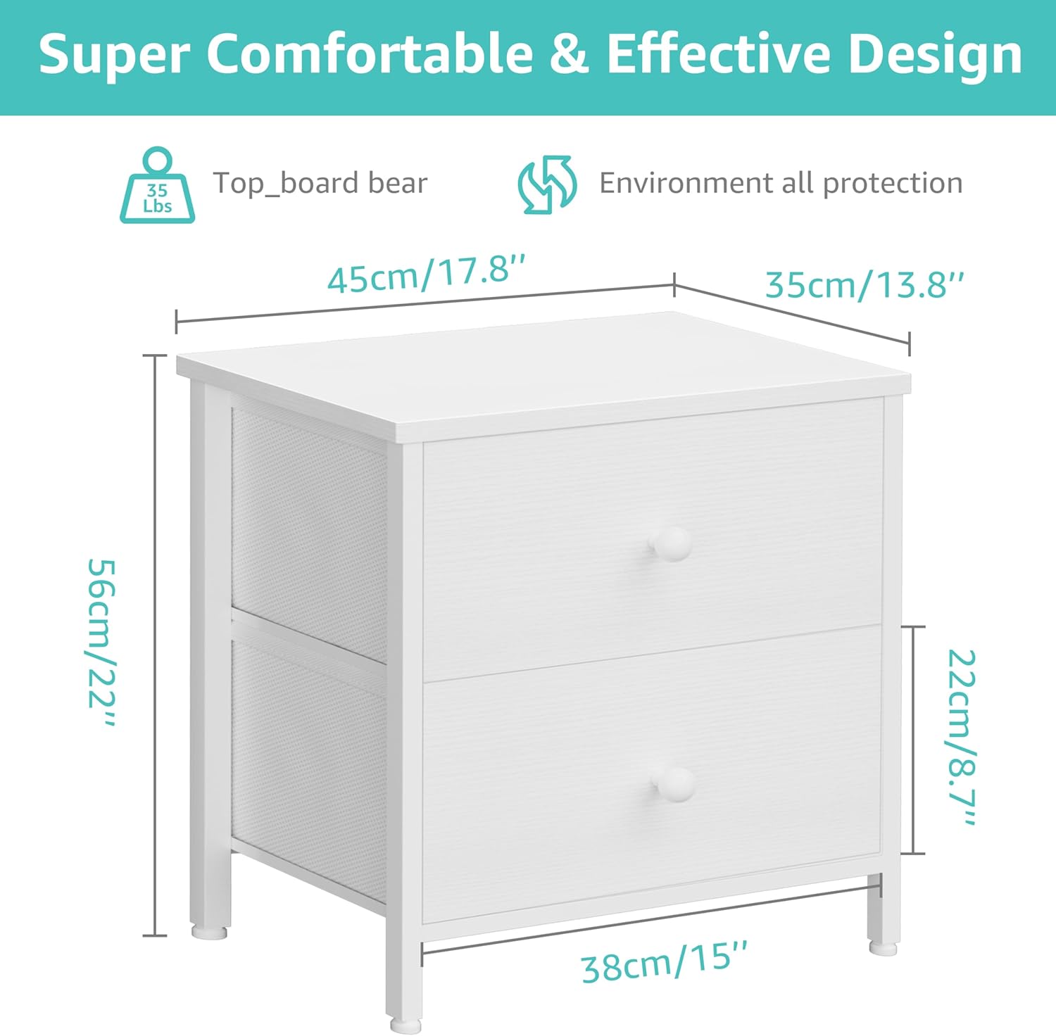 BOLUO White Nightstand Dwe74 2 Drawer For Bedroom,Small Night Stand With Fabric Drawers End Table Modern
