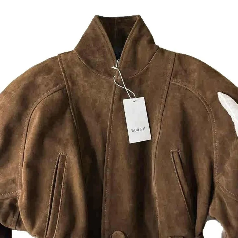 Womens Clothing Coffee Brown Suede Velvet Fitted Waist Short Jacket Korean Style Light Mature Style Windproof Trench Coat 250917