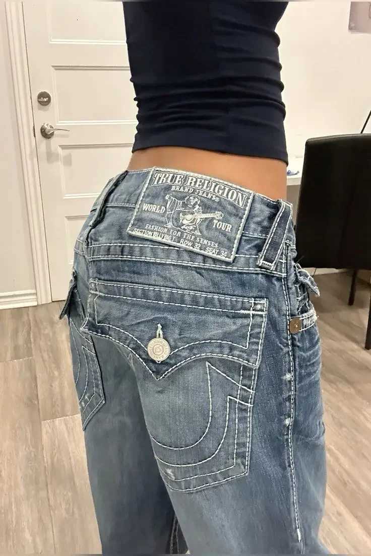 Retro American High Waisted Jeans Y2K Denim Trousers Hip Hop Gothic Pocket Embroidered Blue Baggy Jeans Women Leisure Strtwear S250917