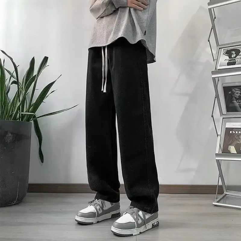 2025 New Korean Mens Casual Long Jeans Classic fashion Man Straight Denim Wideleg Pants Solid Color Light Blue Grey BlackkZ250917