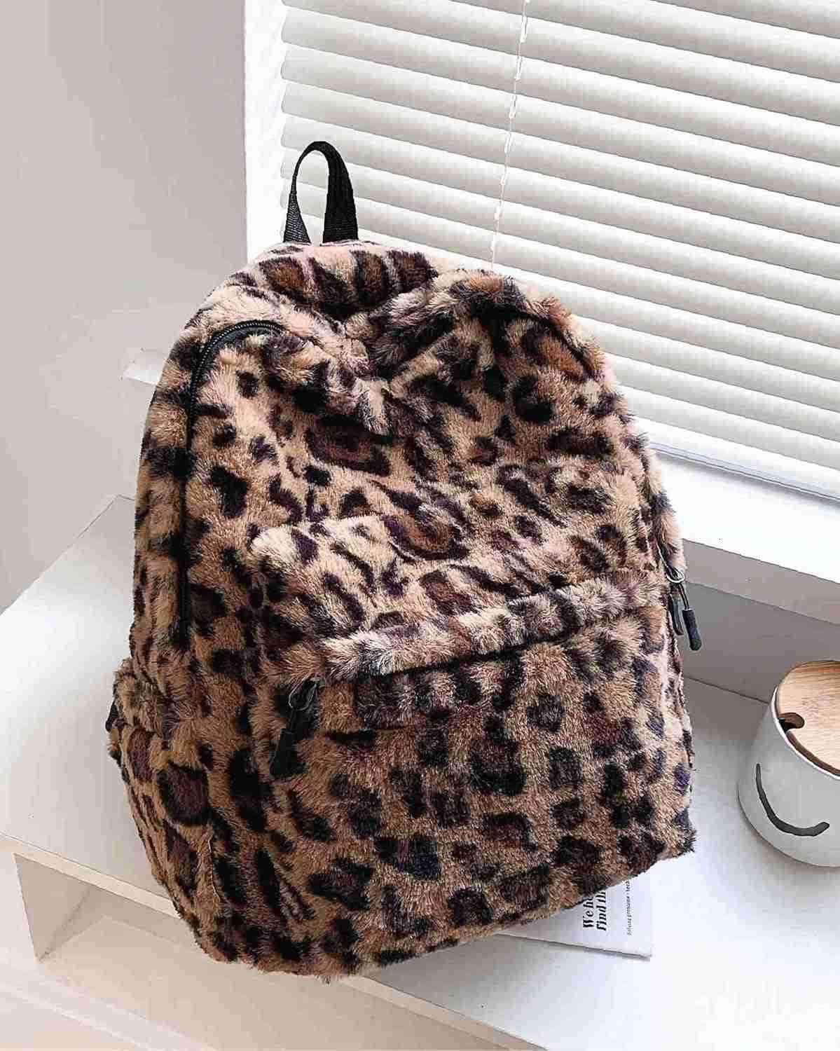 fluffy cheetah print backpack cute y2k animal fur 14 inch scene book bag for women fashion simple personal item aesthetic girls bag Z259017