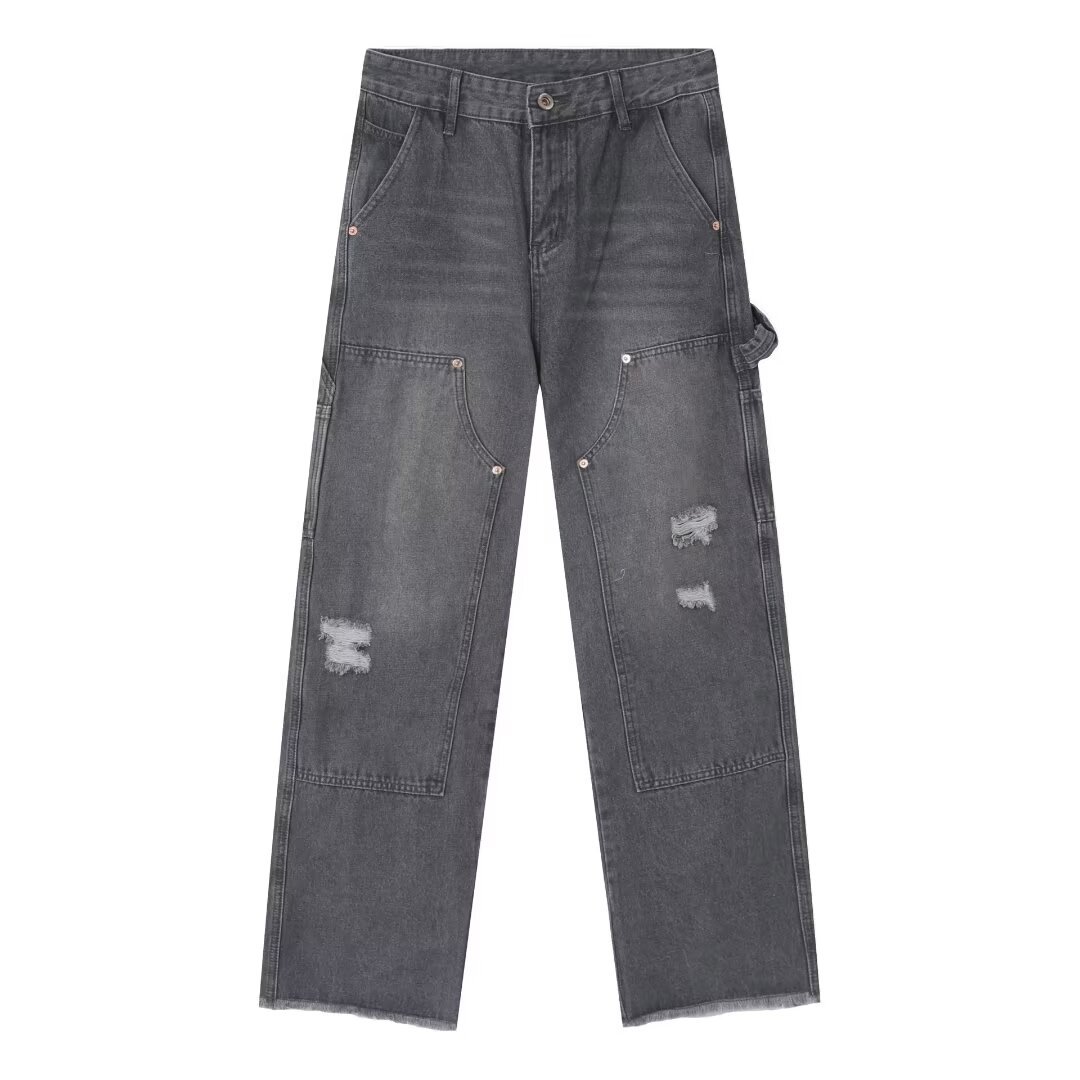 New Y2K Gothic Punk American Retro Punk Embroidered Jeans Mens Washed Old Brown Loose Straight Wide Legs Fashionable Jeans Z250605