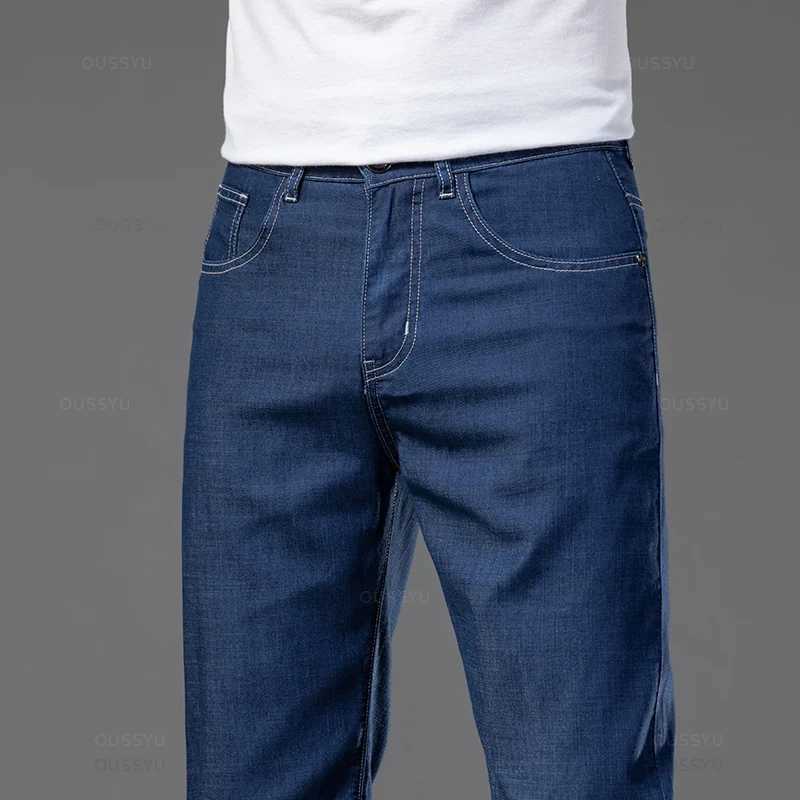 2025 New Summer Lyocell Baggy Mens Jeans Elastic Waist Thin Straight Denim Pants Dark Blue Classic Trousers Plus Size 40 42Z250917