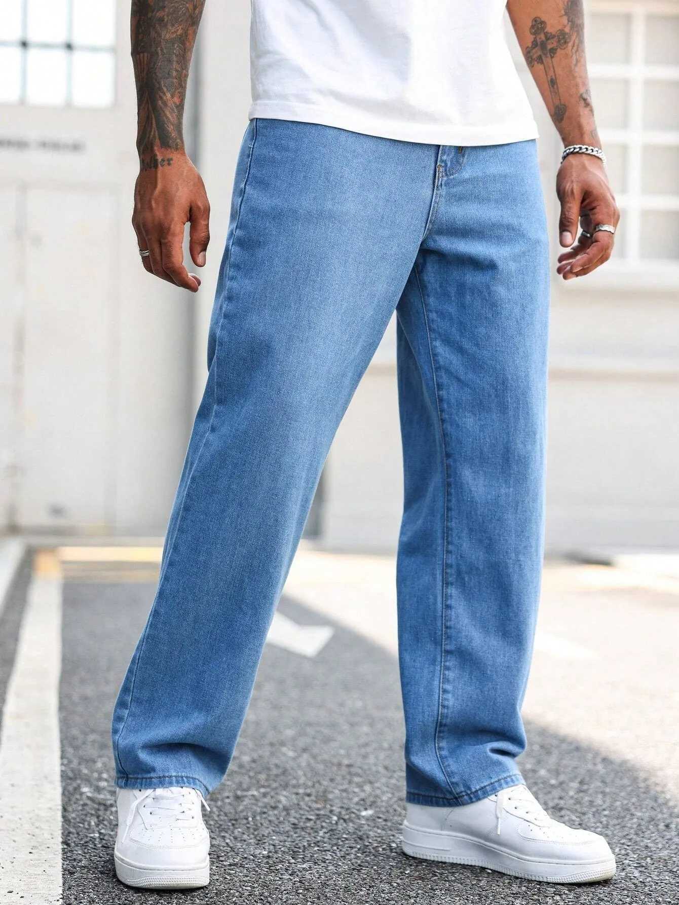 1pc Mens Loose Fit HipHop Style Denim Jeans Casual Streetwear Washed Blue No WaistbandDecoration Comfortable Stylish fZ250917