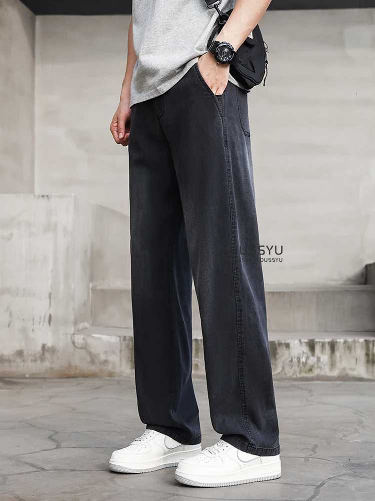High Quality Lyocell Fabric Jeans Men Summer Thin Loose Wide Leg Pants Work Outdoor Wear Slacks Jogger Street Clothing TrousersZ250917