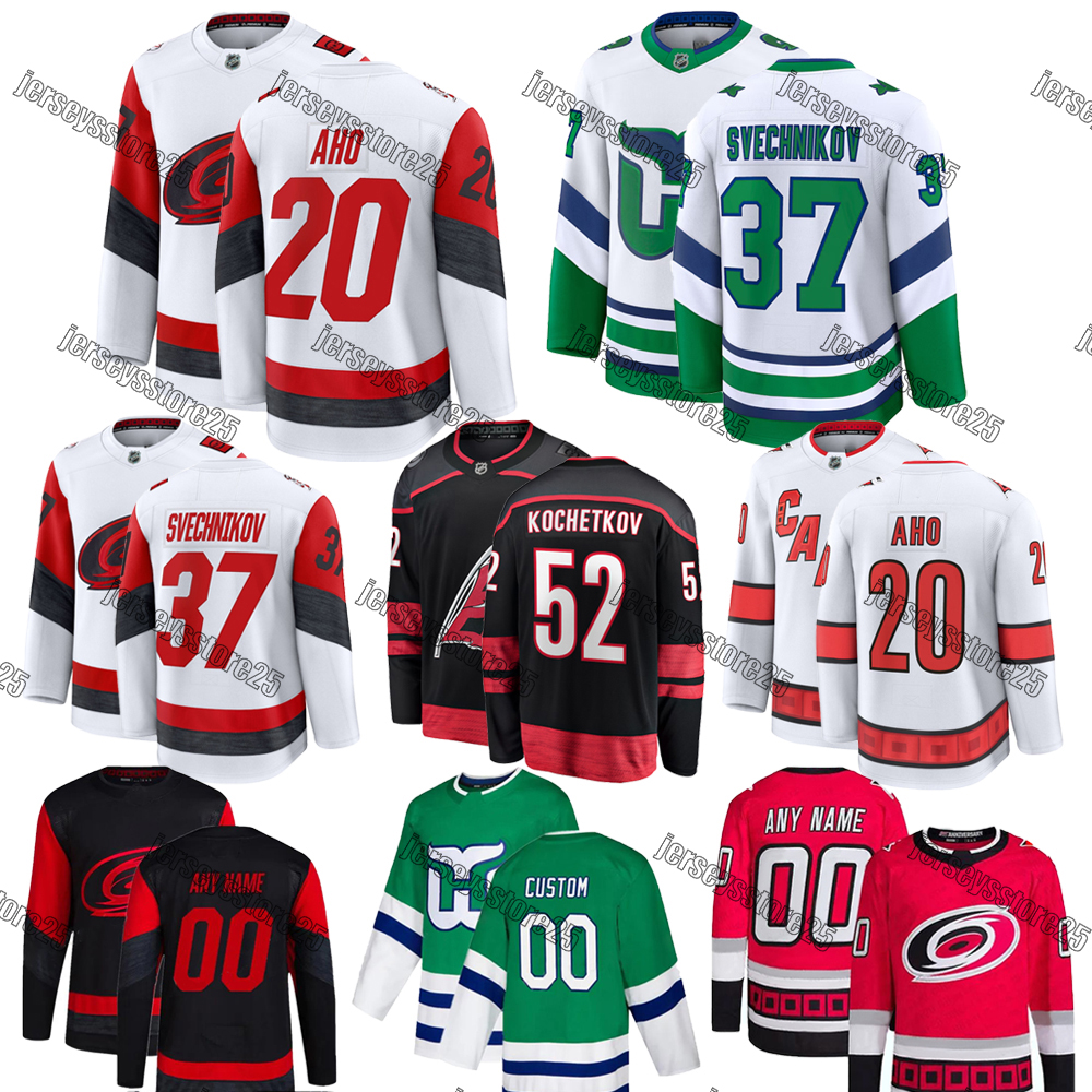Sebastian Aho Hurricanes Hockey Jersey Svechnikov Jarvis Slavin Stankoven Staal Chatfield Ehlers Kochetkov Martinook Andersen White Away Premium Custom Jersey