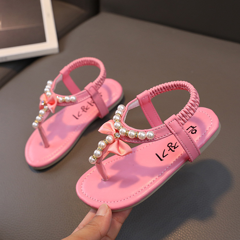 Summer Casual Children Pearl Sandals Kids Girls Beaded Bow Princess Flats Student Nonslip Baby Flipflops Beach Shoes 220607