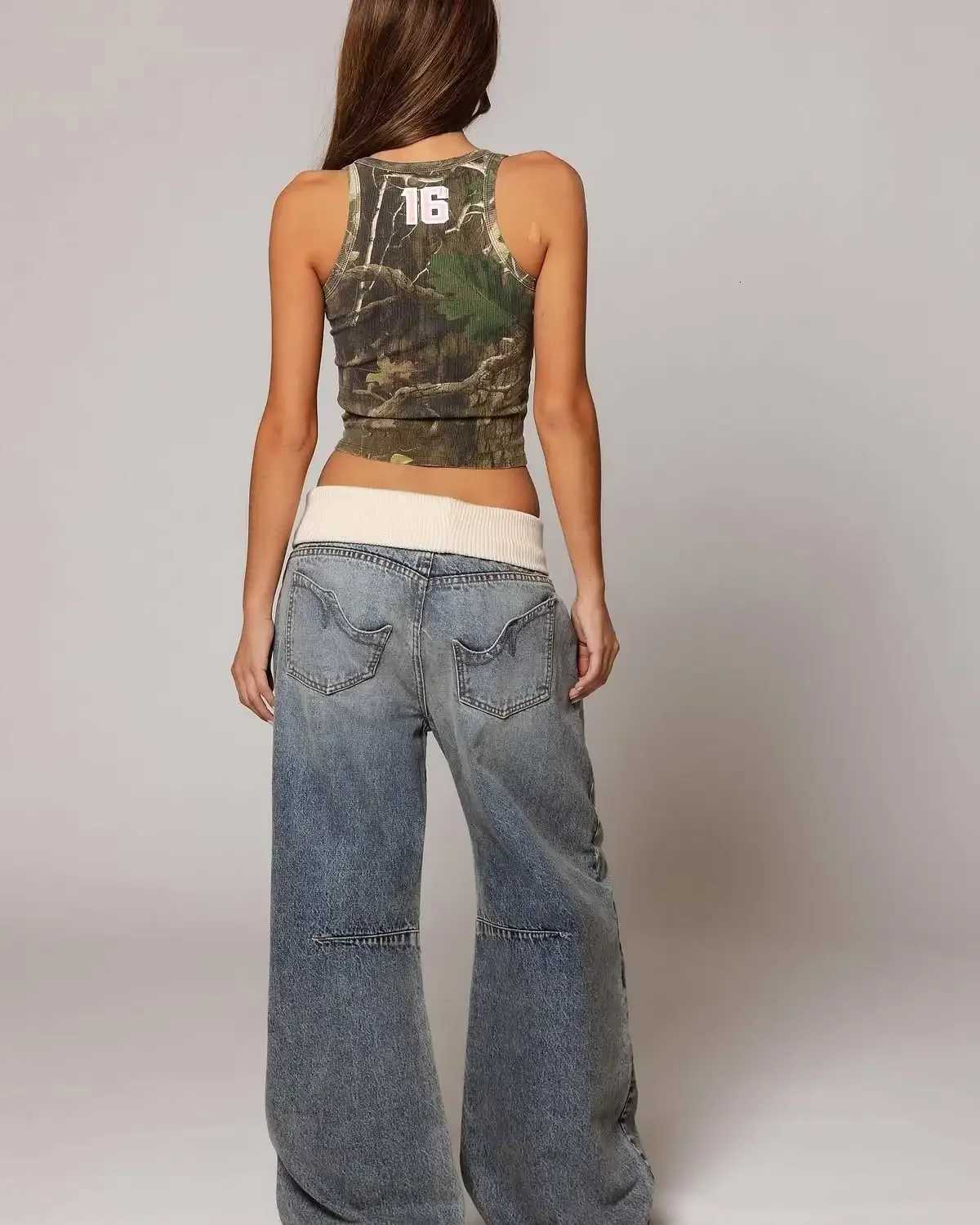 Y2K Hiphop Stitching Fashion Joker Retro Jeans Female Korean Casual Simple Dress Essential Wideleg Pants Loose Joker Overalls S250917
