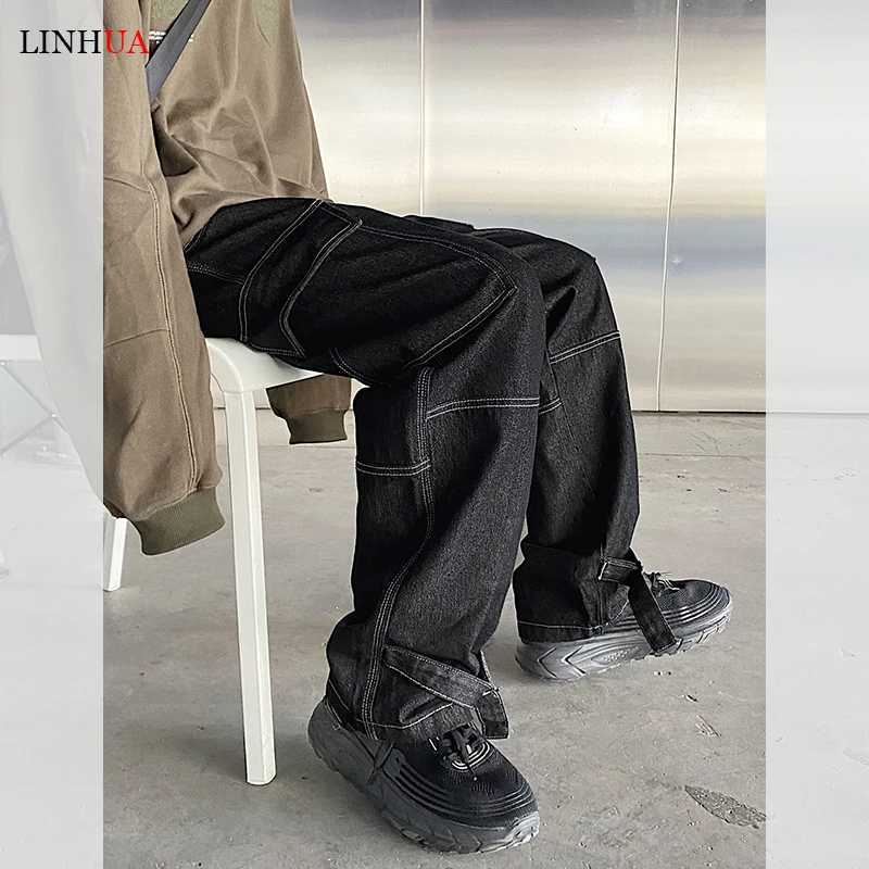 LINHUA Men Wide Leg Jeans Mens Spring cargo pants Hip Hop Streetwear New Loose Straight Baggy Denim Pants Male work jeansZ250917