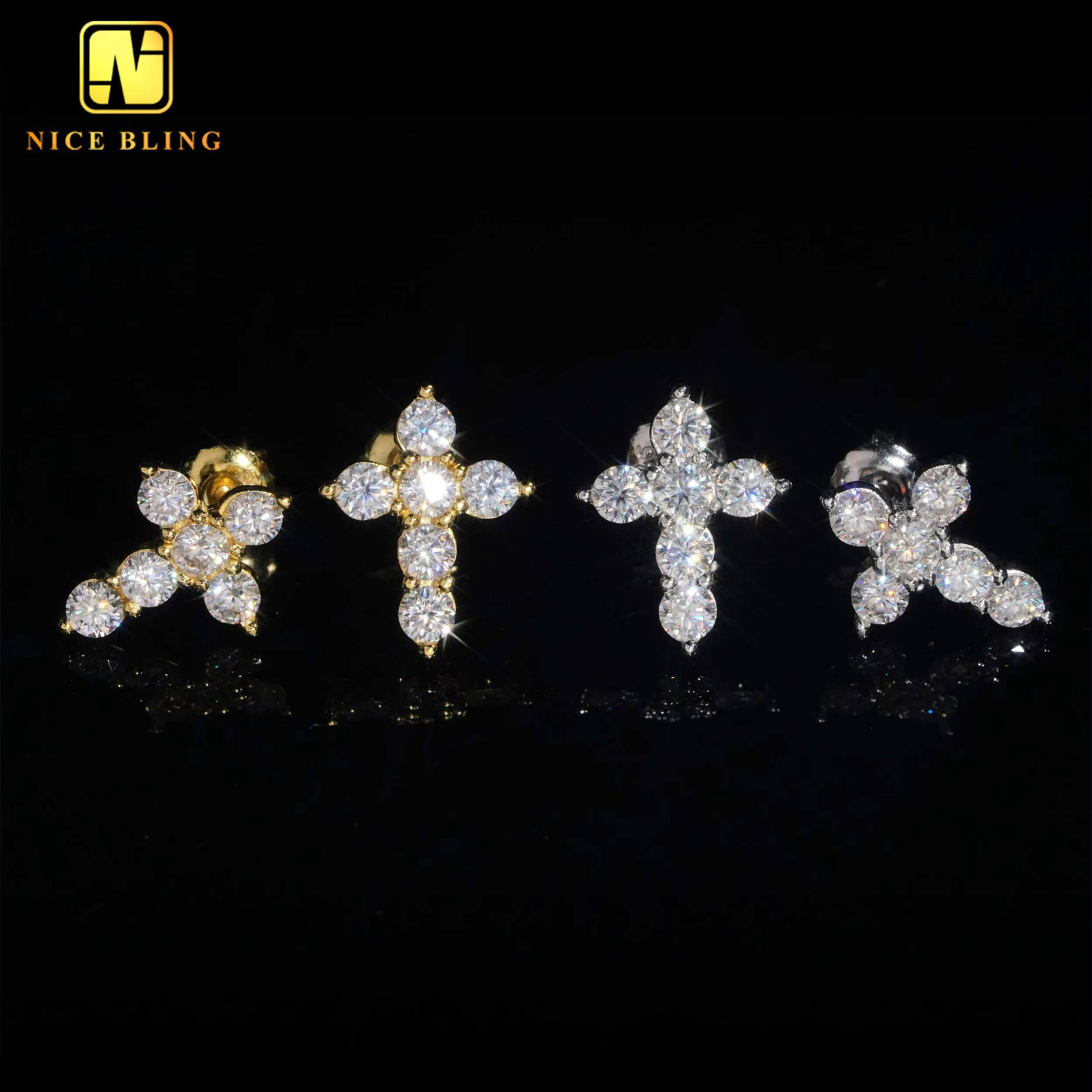 Hip Hop Moissanite Jewelry VVS Diamond Ear Studs 925 Sterling Silver Cross Earrings for Men Women