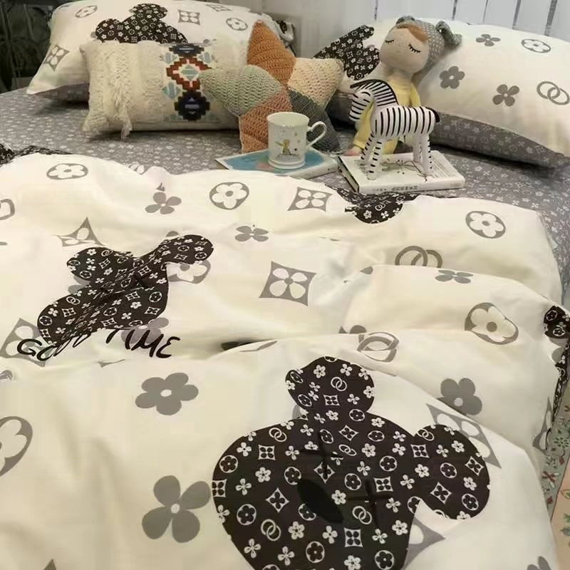 INS Nordic Black and White Bear Four-Piece Washed Cotton Duvet Cover Bed Sheet Student Dormitory Three-Piece Bedding Set W260302
