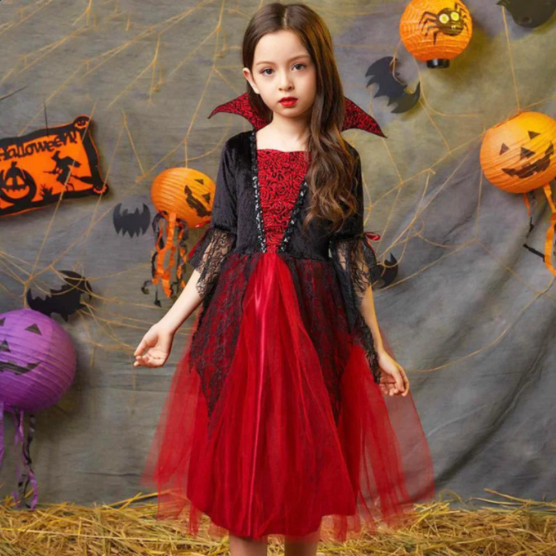 Girl Halloween Dress For Kid Ghost Bride Gothic Cosplay Costume Count Vampiran Carnival Outfit Black Red Clothes 250916