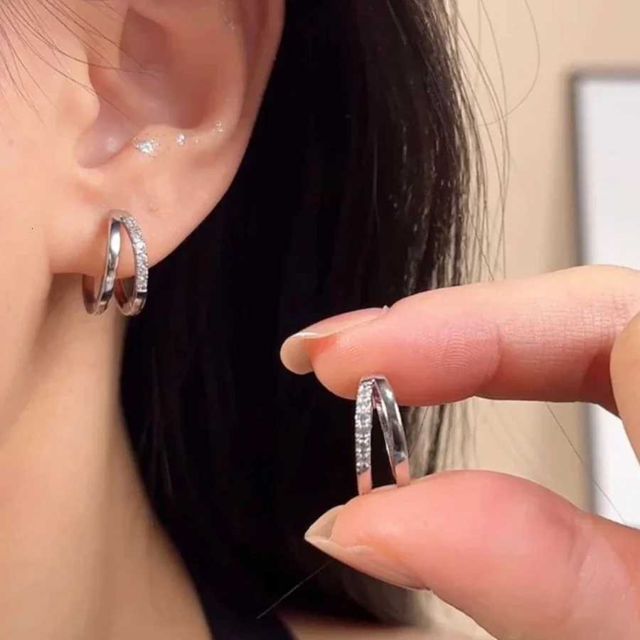 Trendy Silver Color Double Layered Zircon Earrings For Women Fashion Korean Simple Circle Hoops Earrings Party Wedding Jewelry D250917