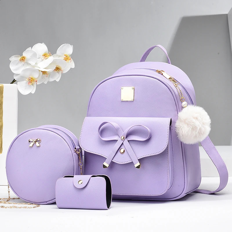 3pcsset Kawaii Cute Striped Faux Leather Backpack Zipper Closure Preppy College School Daypack Womens Casual Travel Commute 250916