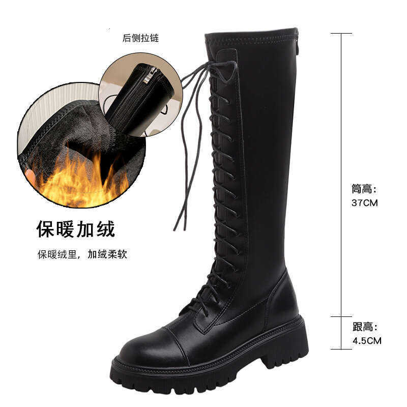 Genuine Leather Martin Riding British Style Height Increasing Long Lace-Up Round Toe Thick-Soled Women's Boots