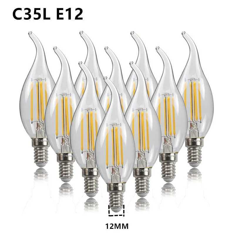 10PCS LED Bulb C35 E14 E12 E27 220V 110V Dimmable 2W 4W 6W Design Energy Saving Candle Warm White Filament Light 360 Degree Lamp C250917