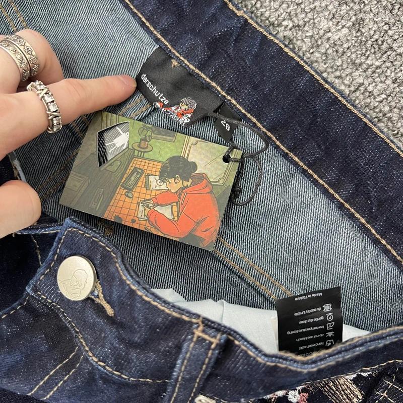 Men's Desinger Jeans Men Women Cherry Blossom Embroidery Derschutze Y2k Retro Baggy Street Straight High Waisted Washed Blue Denim Pants