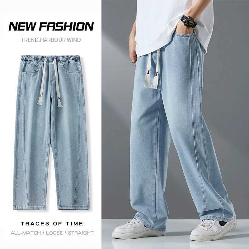 Streetwear Fashion Baggy Jeans Men Vintage Washed Straight Elastic Waist Wideleg Pants Youth Trendy Y2k Casual Denim TrousersZ250917