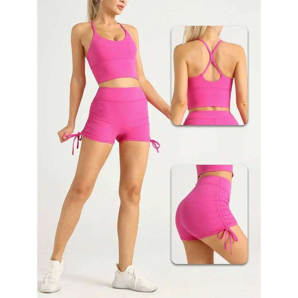 2 Piece Yoga Clothes Summer Short Set Women's Tracksuit Gym Wear Fiess Suit U Back Sports Bra High Waist Skirt Shorts Sets