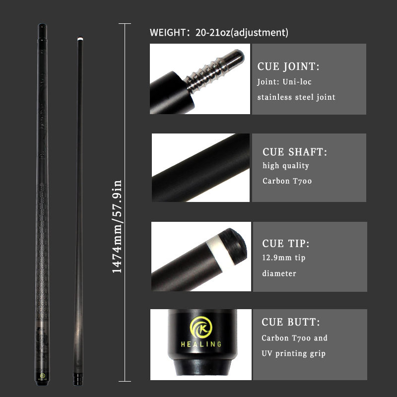 OKHEALING 1/2 Split Carbon Fibre Pool Cue Billiard Cue Stick Tip Diameter 12.5mm Radial Pin Joint Total Length 1474mm/58inch Weight 19Oz Billiard Stic