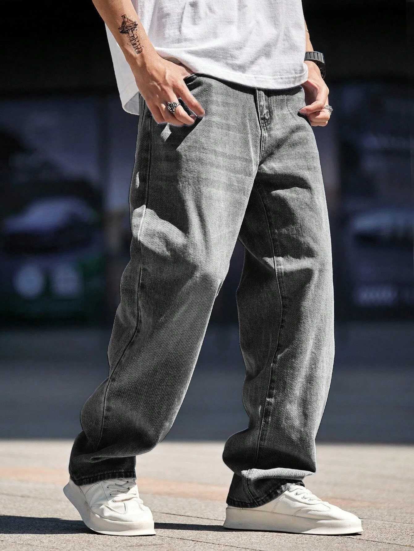 Mens straightleg tight grey jeans American street style hiphop design suitable for daily wearZ250917