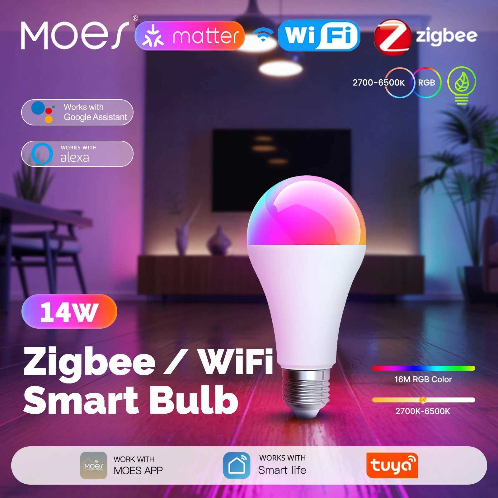 MOES Tuya Smart WiFiMatterZigbee 14W LED Bulb E27 Music Sync Functional 16M RGB Scenarios Light Intelligent Voice APP Control C250917