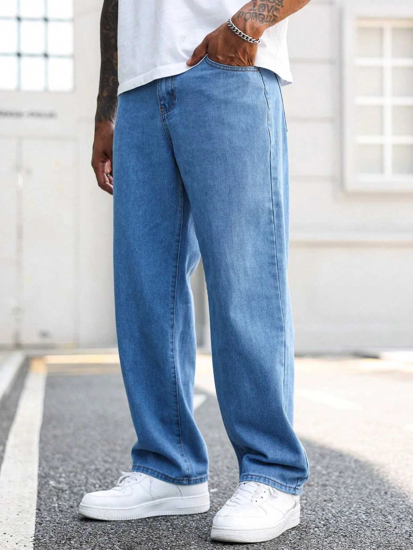 1pc Mens Loose Fit HipHop Style Denim Jeans Casual Streetwear Washed Blue No WaistbandDecoration Comfortable Stylish fZ250917