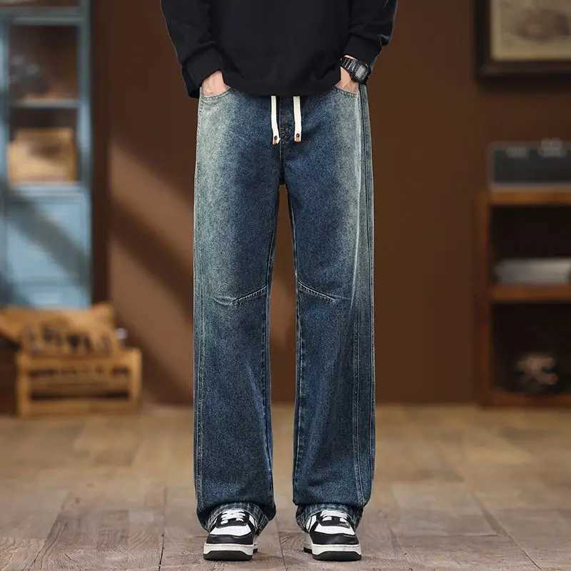 Autumn Mens New Baggy Jeans Versatile Wide Leg Trousers High Street American Style Retro Denim Solid Color Male ClothingZ250917