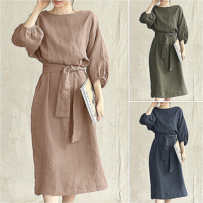 553 Temperament Medium Length High Waist Lace-up Solid Color Round Neck Dress Ladies Party Dress