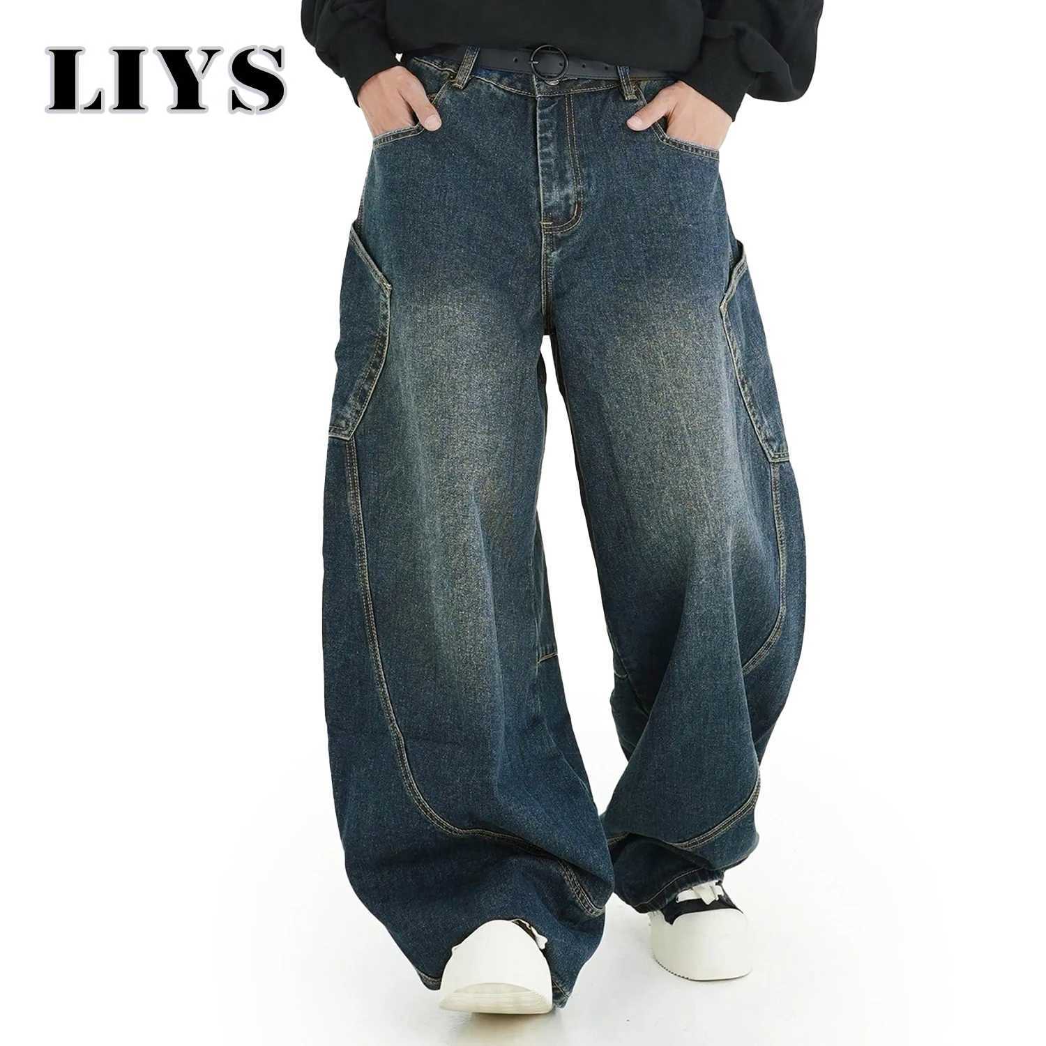 Mens Wear American Washed Denim Pants Vintage Threedimensional Large Pockets Cut Curved Knife Jeans Loose Fit Summer New TrendZ250917