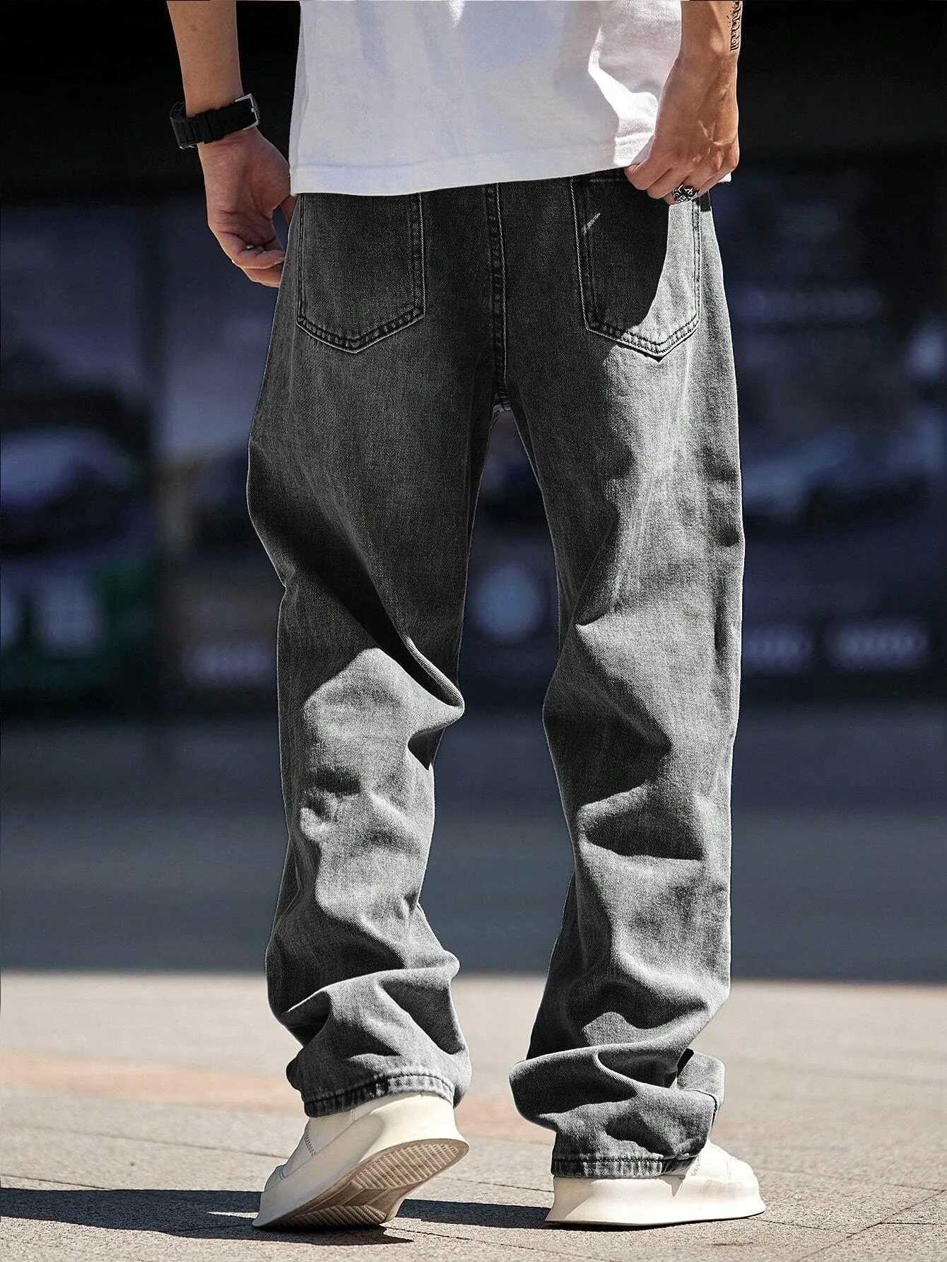 Mens straightleg tight grey jeans American street style hiphop design suitable for daily wearZ250917