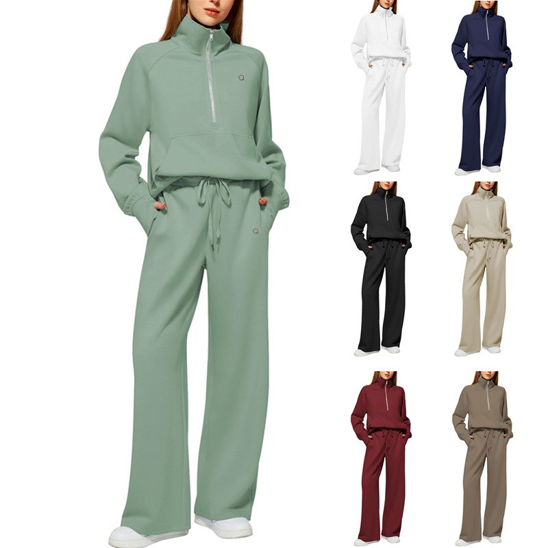 A585 Womens 3D LOGO Two-Piece Casual Set Oversized Half-Zip Sweatshirt and Wide Leg Sport Pants Ladies' Outfit for Gym