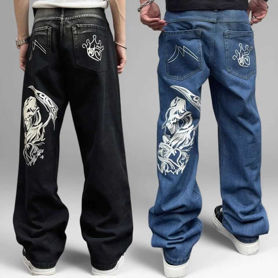 Mens Street Skeleton Pattern Straight Jeans Baggy Pants Loose Wide Leg Mens Casual Denim Clothes Personality HipHop Man PantZ250917